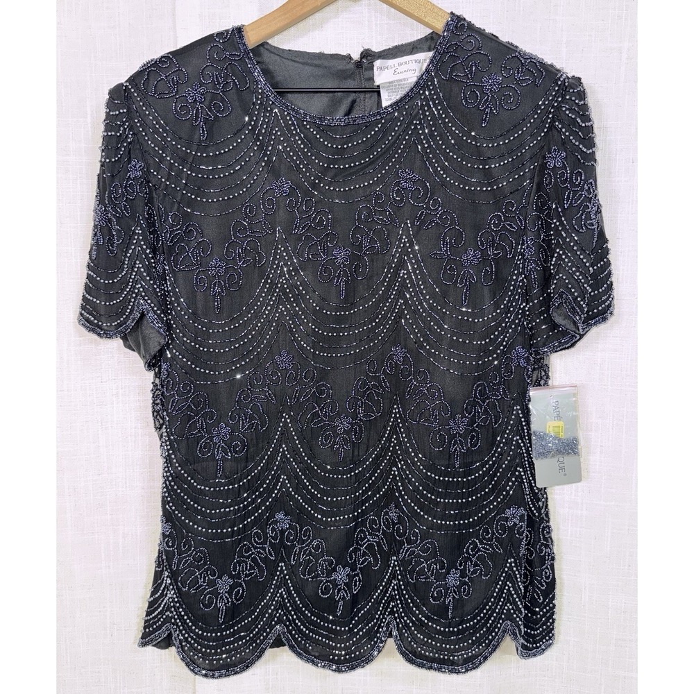 Vintage NWT Women's L PAPELL BOUTIQUE EVENING Silk Beaded Top Black Shirt